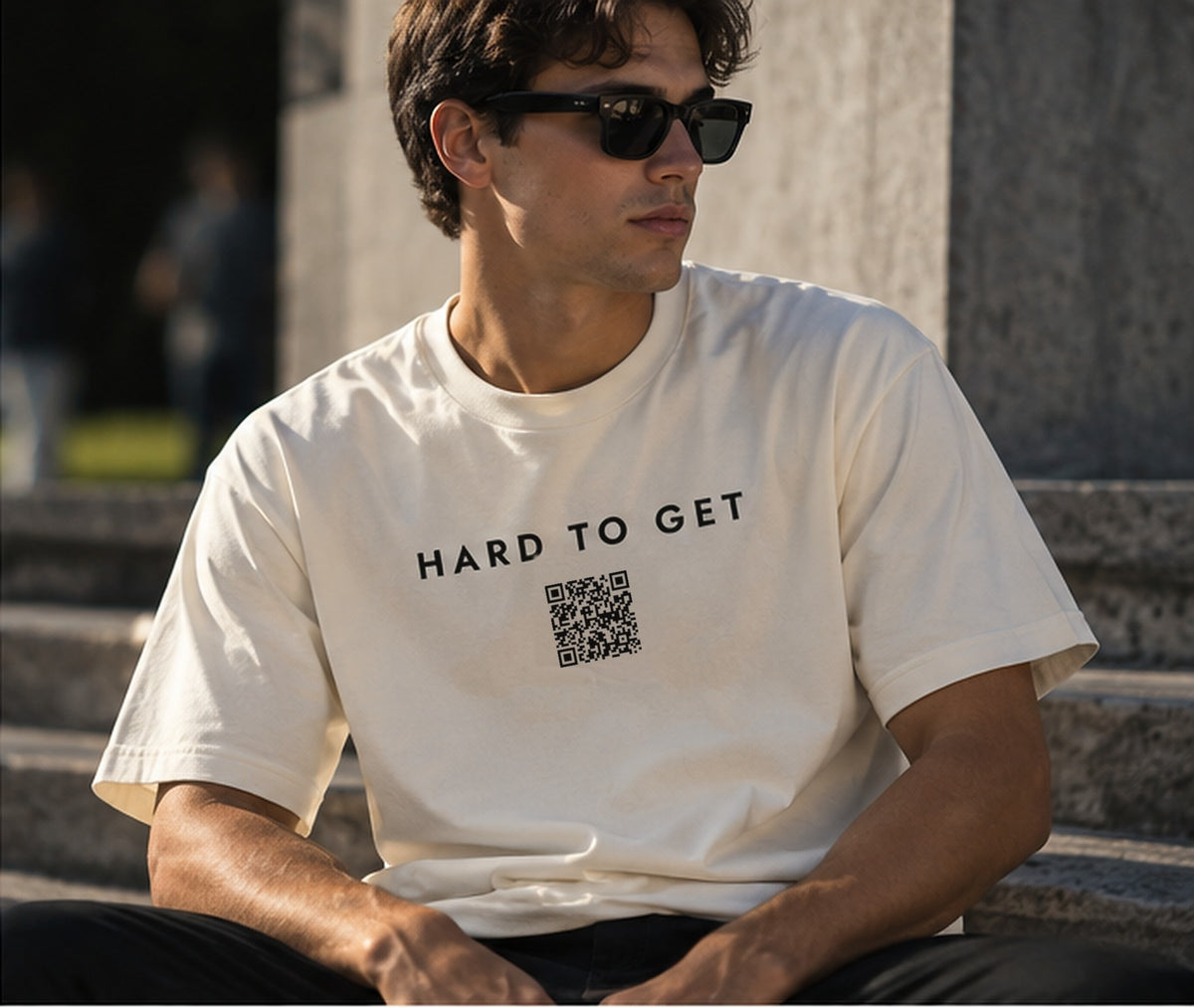 Hard to Get tee in Cream, worn by a male model